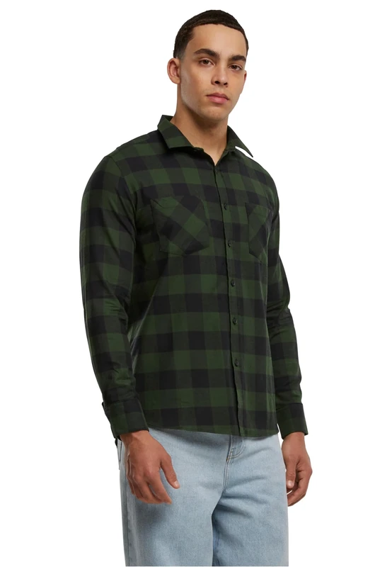 Urban Classics Men's Checked Flannel Shirt Casual Button-Down Shirt, Longsleeve Dress Shirt with Forearm Buttons, Regular Fit, 100% Flannel Yarn blk/forest 4XL