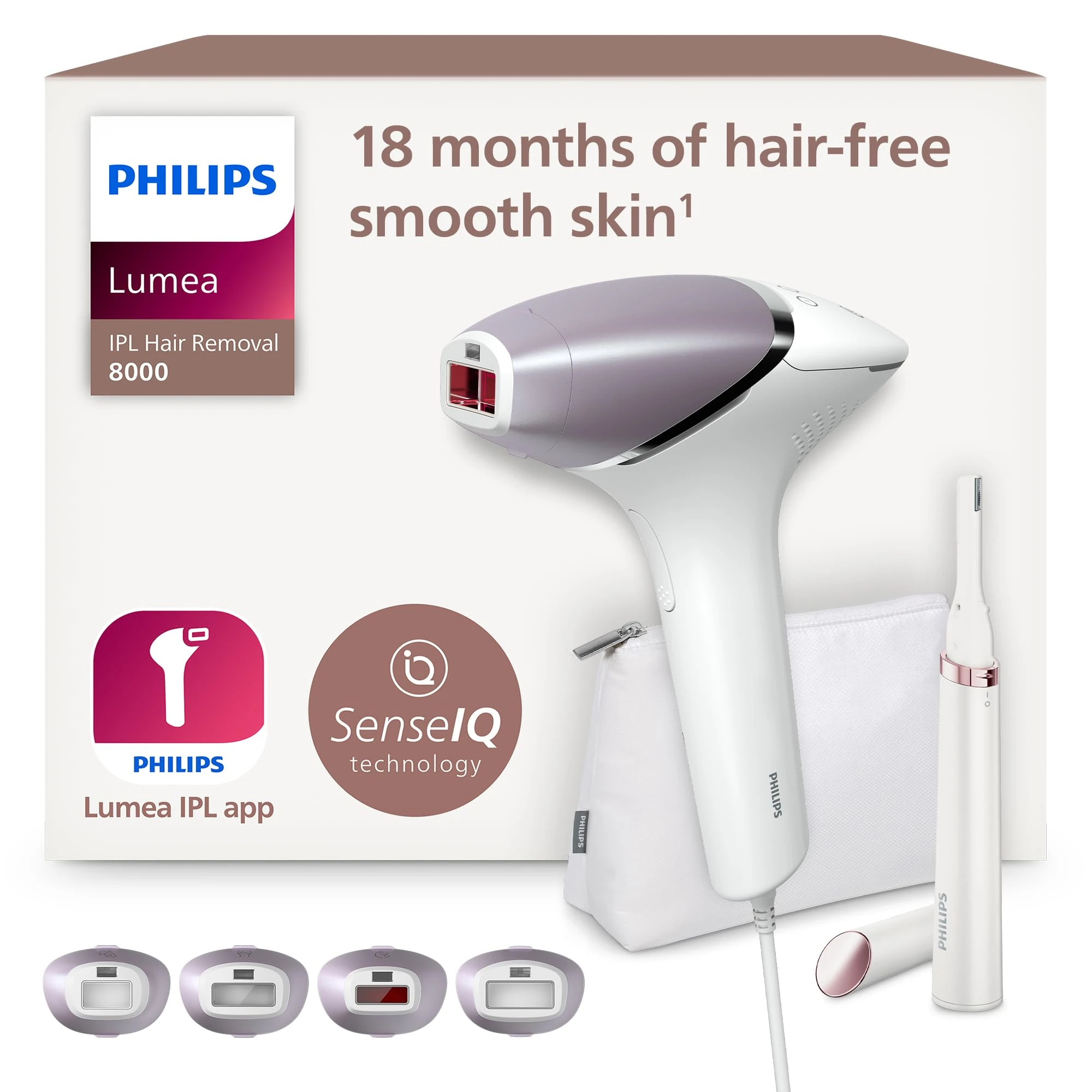 Philips Lumea 8000 Series IPL Hair Removal Device - Laser Hair Removal Alternative, SenseIQ Technology, 4 Attachments for Body, Face, Bikini and Underarms, Satin Compact Pen Trimmer, Model BRI949/00