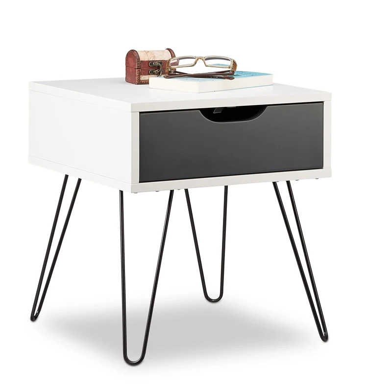 Relaxdays Grey-White Nightstand with Drawer, Modern Design, Square Tier, HxWxD: 44 x 40 x 40 cm