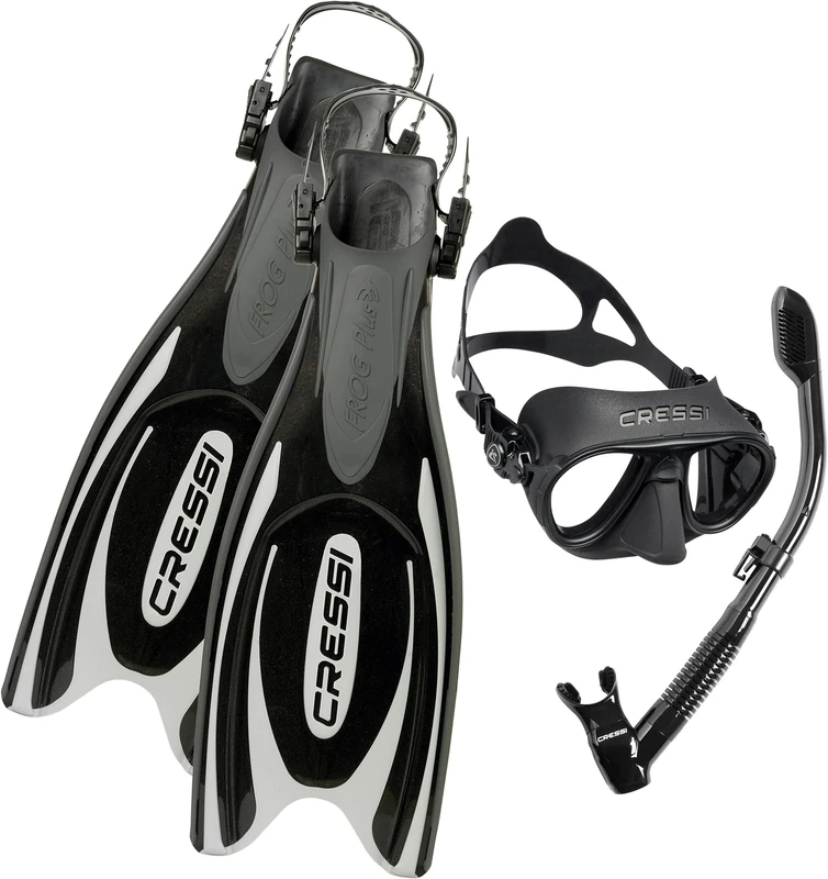 Cressi Frog Plus Adjustable/Open Heel Fins, X-Small/Small (36/39) with Calibro Mask and Dry Snorkel