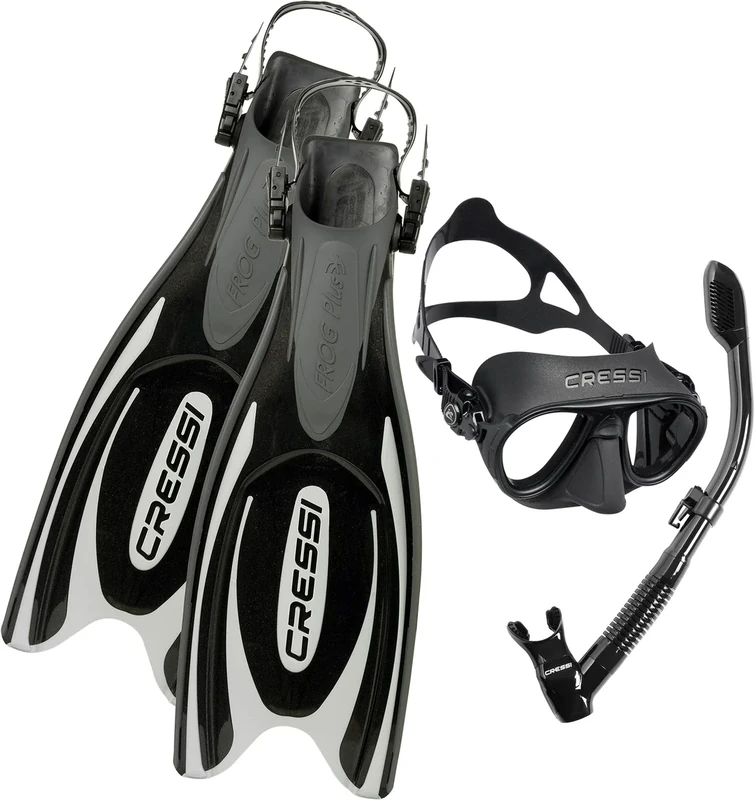 Cressi Frog Plus Adjustable/Open Heel Fins, Large/X-Large (45/47) with Calibro Mask and Dry Snorkel