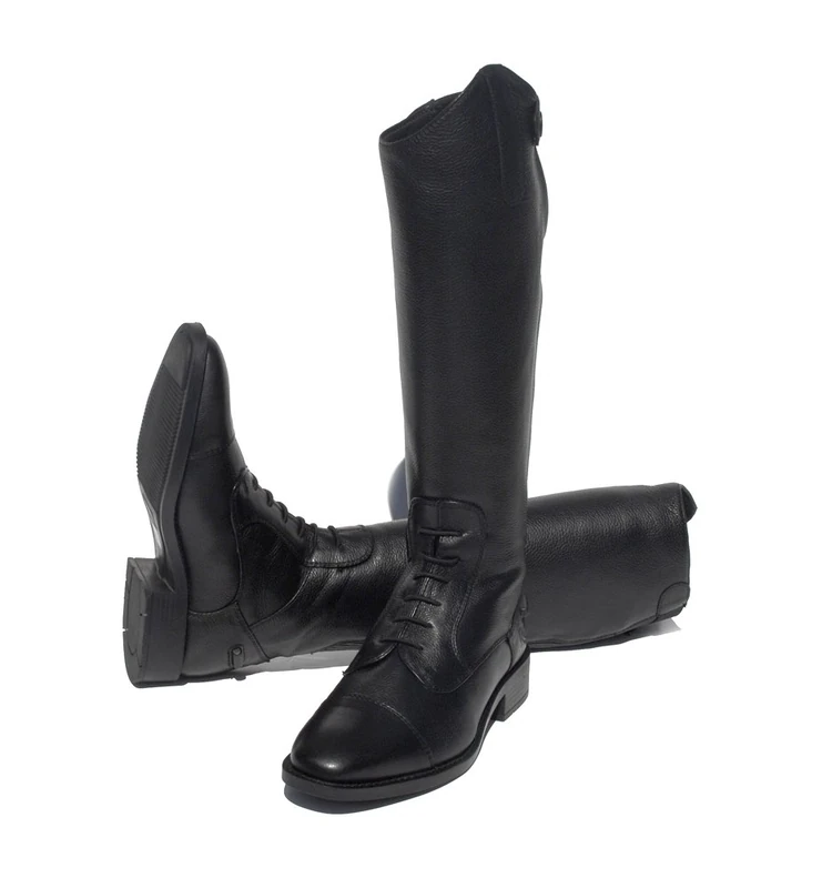 Rhinegold Elite Luxus Childs Young Rider BLACK LEATHER RIDING BOOTS - Soft Feel Leather, Comfortable Fit, Elasticated Laced Front, Women's Equestrian Boots with Full Length Back Zip, Size 4, EU 37