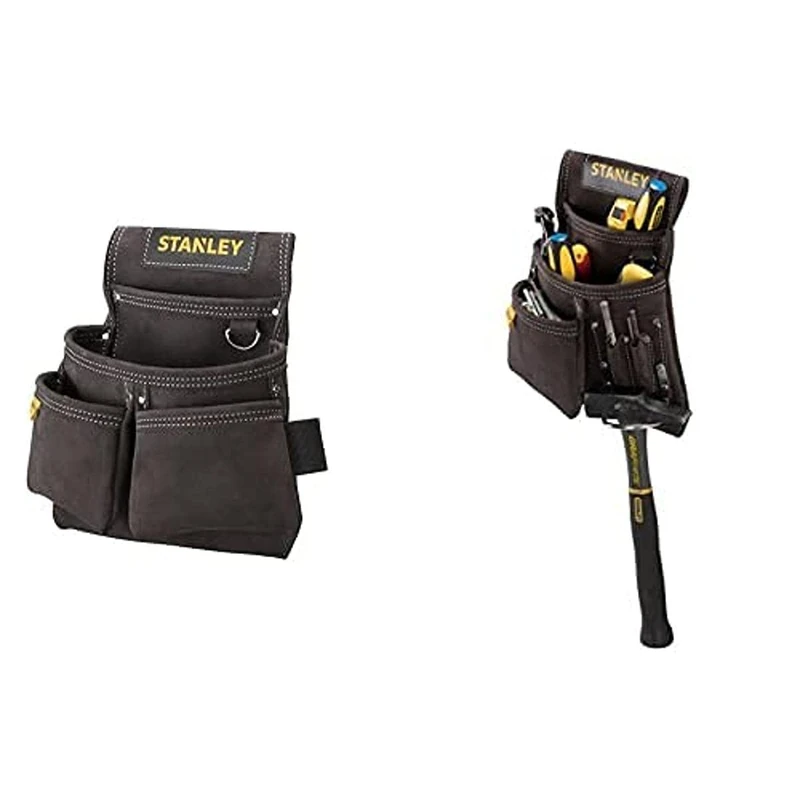 STANLEY Leather Nail and Hammer Pouch with Leather Double Nail Pocket Pouch - Black