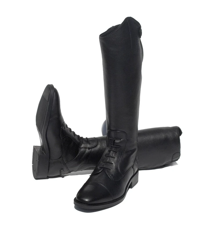 Rhinegold Elite Luxus Childs Young Rider BLACK LEATHER RIDING BOOTS - Soft Feel Leather, Comfortable Fit, Elasticated Laced Front, Women's Equestrian Boots with Full Length Back Zip, Size 13, EU 32