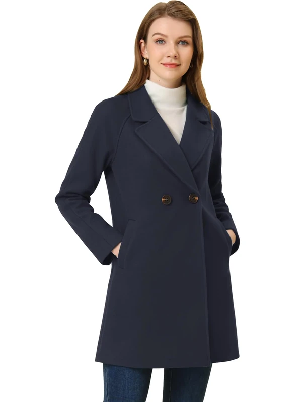 Allegra K Women's Notched Lapel Double Breasted Raglan Winter Coats Blue L