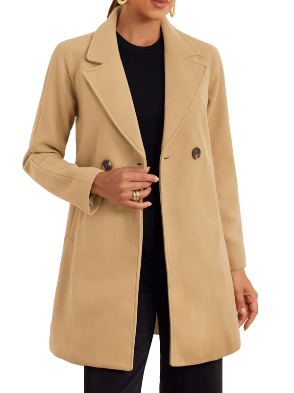 Allegra K Women's Notched Lapel Double Breasted Raglan Winter Coats Khaki XS