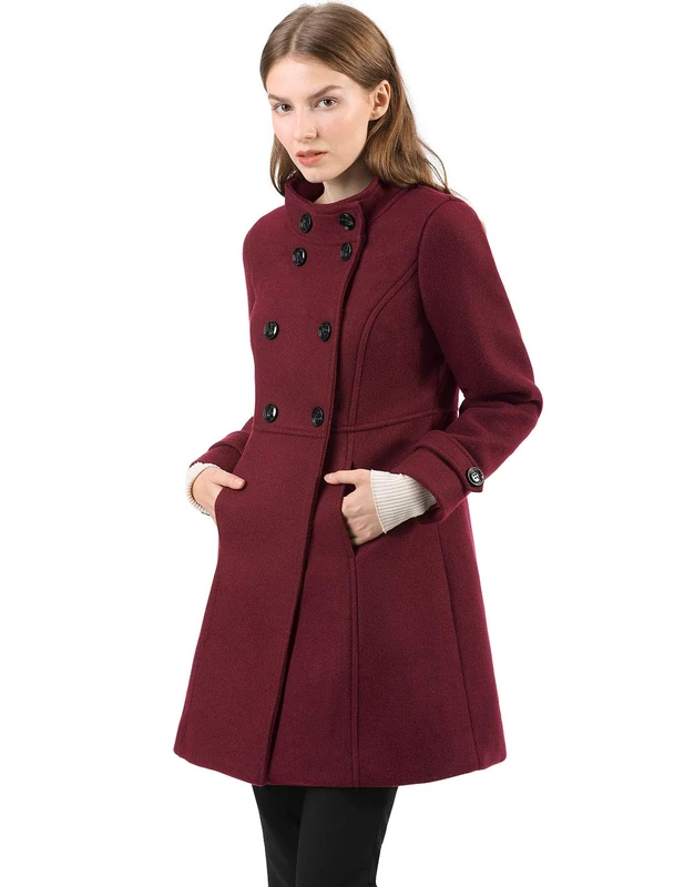 Allegra K Women's Stand Collar Double Breasted Slant Pockets Outwear Winter Coat Burgundy M