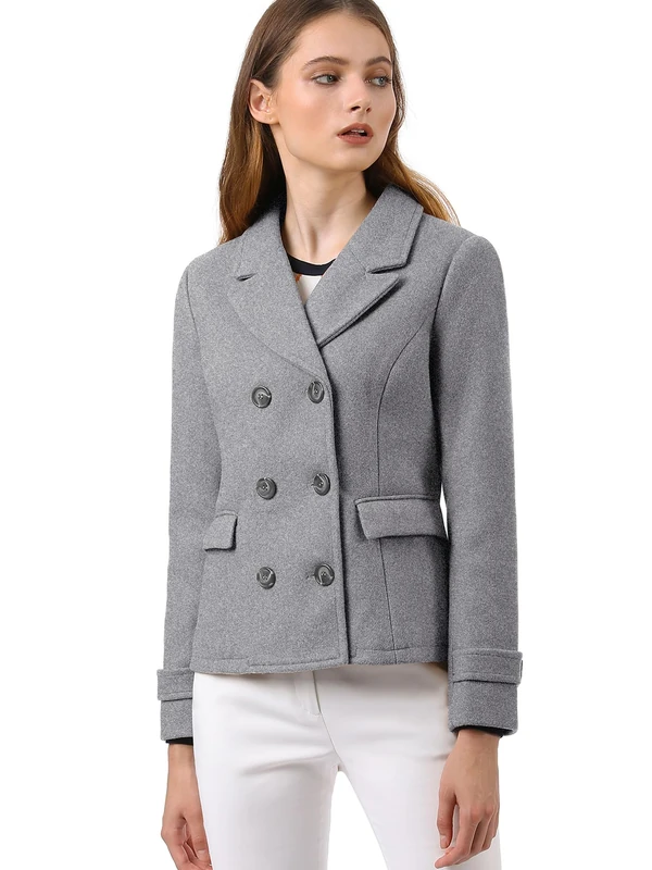 Allegra K Women's Elegant Coats Notched Lapel Double Breasted Short Pea Coat Grey XL