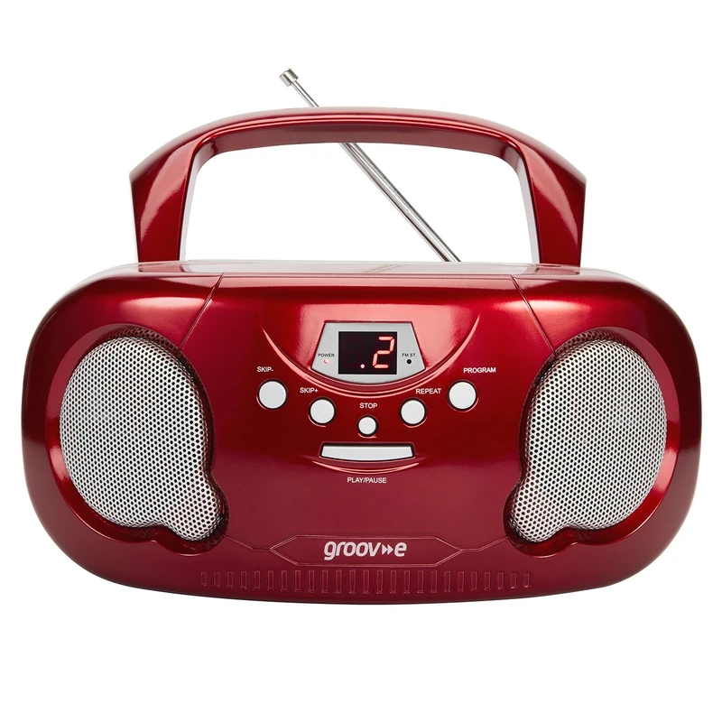 Groov-e Original Boombox - Portable CD Player with Bluetooth, Radio, 3.5mm Aux Port, & Headphone Socket - LED Display, 2 x 1.2W Speakers - Battery or Mains Powered - Red