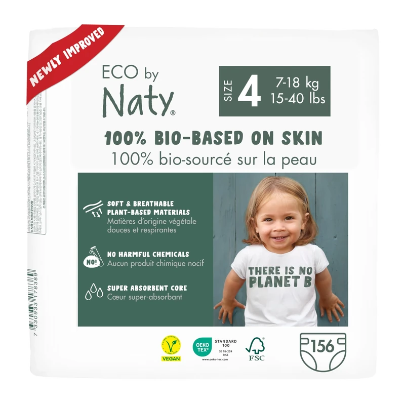 Naty Baby Nappies - 100% Plant-Based Materials on Skin, Soft, for Sensitive Skin & Super Absorbent (Size 4, 156 Count)