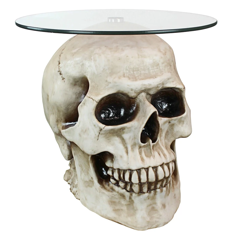 Design Toscano Gothic Skull Glass-Topped Pedestal, polyresin, Bone, One Size