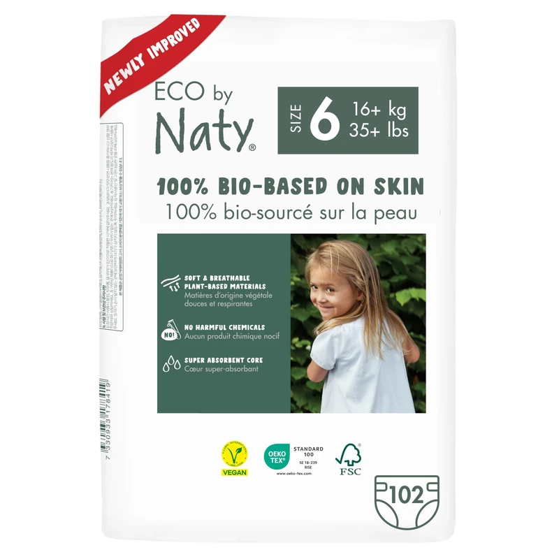 Naty Baby Nappies - 100% Plant-Based Materials on Skin, Soft, for Sensitive Skin & Super Absorbent (Size 6, 102 Count)