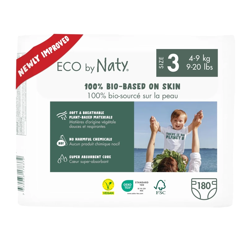 Naty Baby Nappies - 100% Plant-Based Materials on Skin, Soft, for Sensitive Skin & Super Absorbent (Size 3, 180 Count)