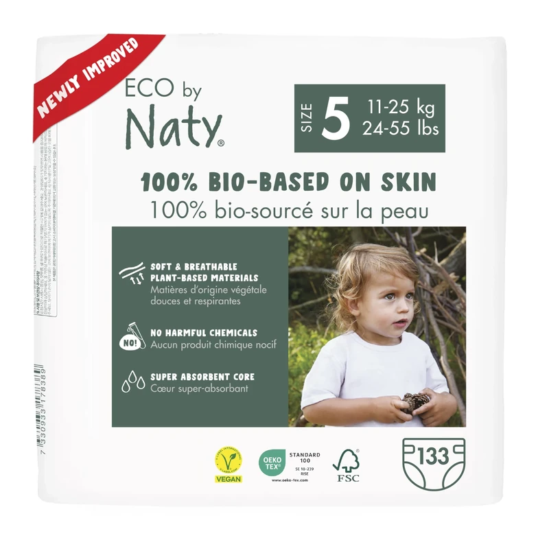 Naty Baby Nappies - 100% Plant-Based Materials on Skin, Soft, for Sensitive Skin & Super Absorbent (Size 5, 132 Count)