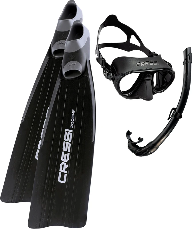 Cressi Gara High-Performance Long Blade Fins - Black, Size 42/43(8/9) Plus Calibro SF Mask and Snorkel Corsica