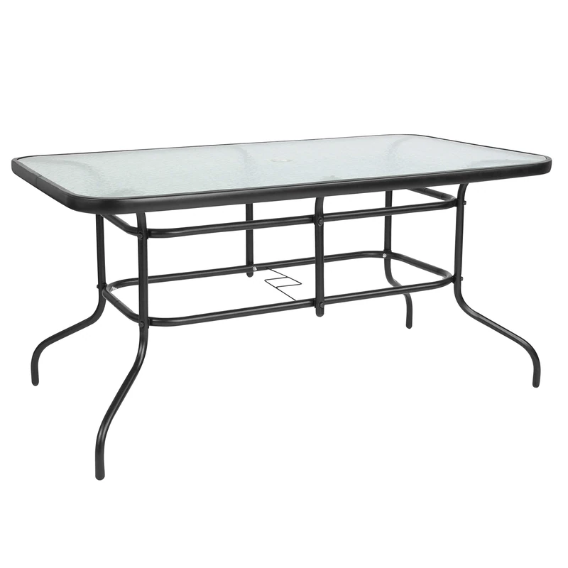 Flash Furniture Tory 31.5 inches x 55 inches Rectangular Tempered Glass Metal Table with Umbrella Hole