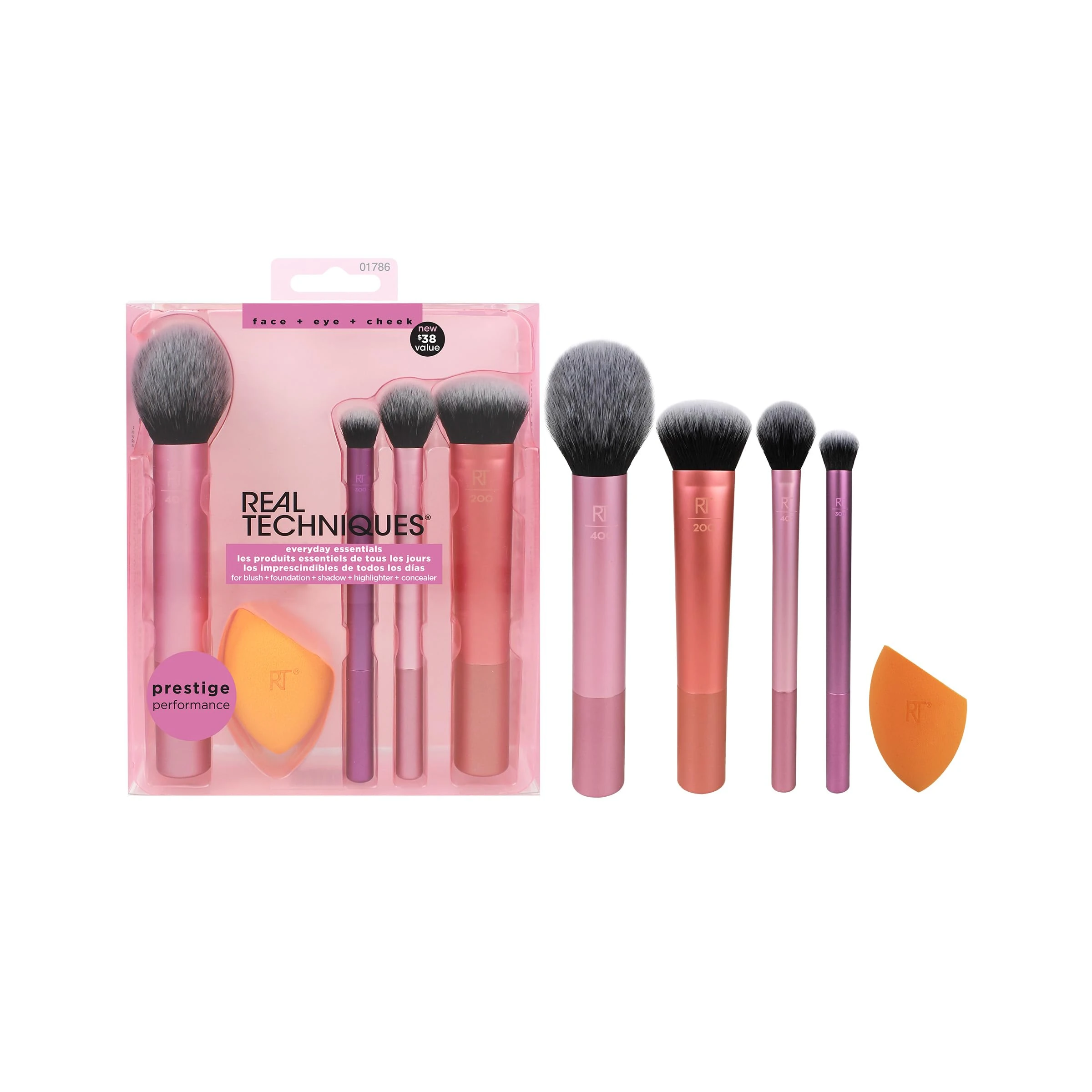 Real Techniques Everyday Essentials + Makeup Sponge Kit for foundation, blush, bronzer, eyeshadow, powder, synthetic, cruelty-free tools and blender for flawless looks, 5 Piece Set
