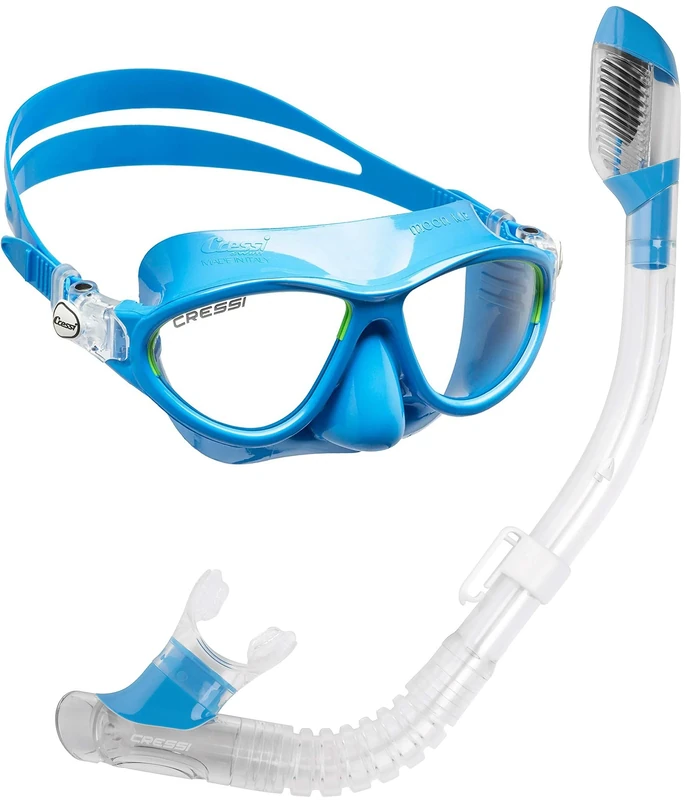 Cressi Kids' Moon Snorkeling Mask, Light Blue/Lime with 100 Percent Dry Snorkel, Clear/Blue