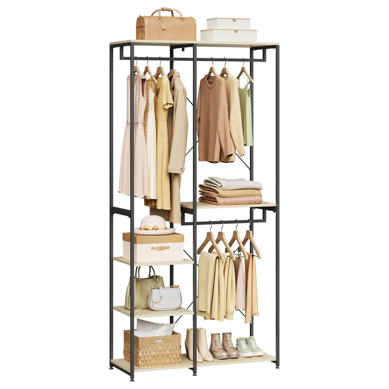 WOLTU Heavy Duty Clothes Rail, Sturdy Adjustable Garment Rack with 4 Tiers Shoe Rack Light Oak Shelves Clothing Organizer Storage Black Metal Construction SR0062hei