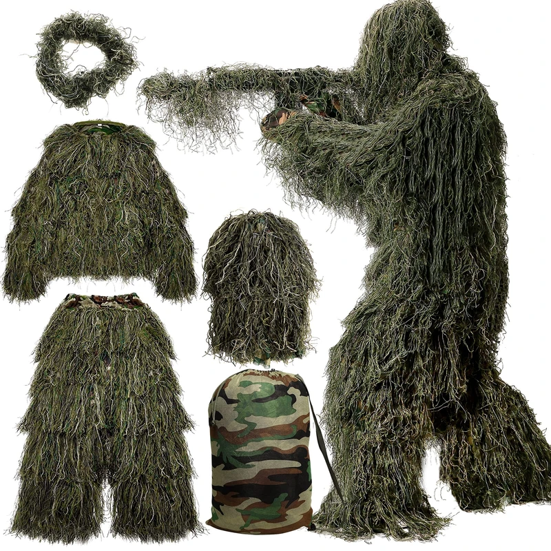 MOPHOTO 5 in 1 Ghillie Suit, 3D Camouflage Hunting Apparel Including Jacket, Pants, Hood, Rifle Wrap, Carry Bag Suitable for Unisex Adults (XL/XXL)