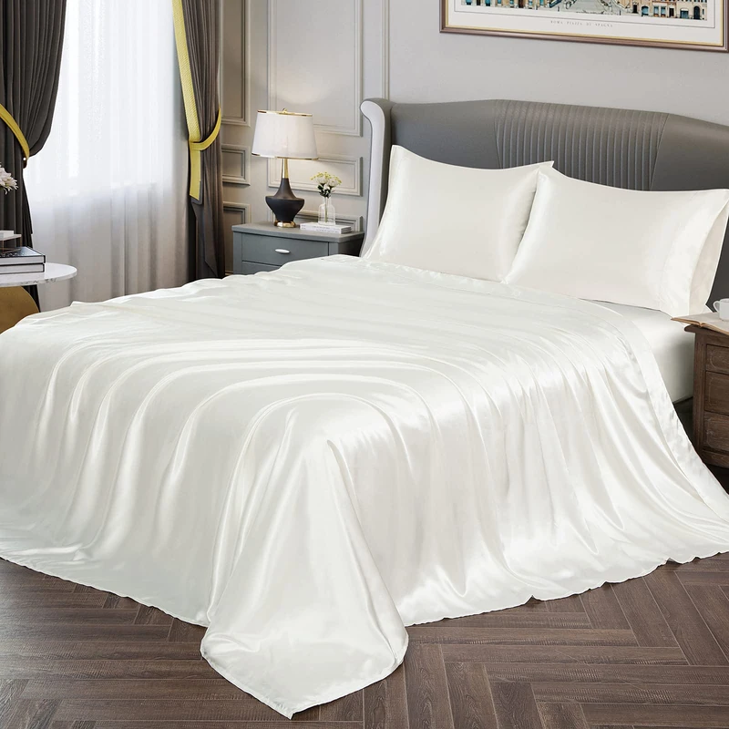 Vonty Satin Sheets King Size Ivory White Soft Silky Bedding Set 1 Deep Pocket Fitted Sheet + 1 Flat Sheet + 2 Pillowcases