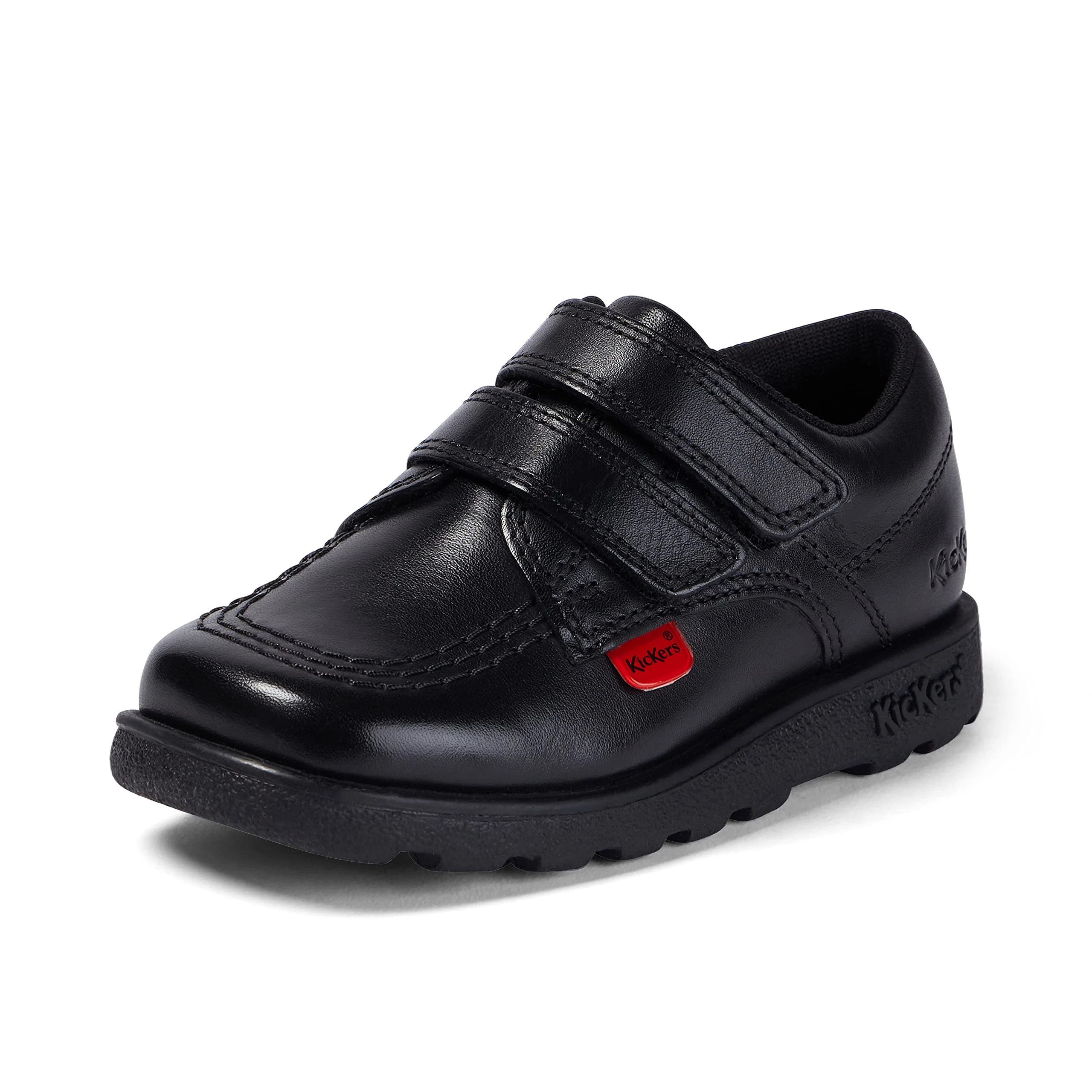 Kickers Boy's Fragma Lo Twin Strap Leather School Shoes | Extra Comfortable | Added Durability | Premium Quality, Black, 5 UK Child