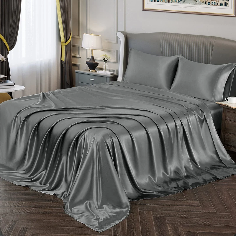 Vonty Satin Sheet Set - King Size, Silky Soft Satin - Grey Sheet Set, 1 Deep Pocket Fitted + 1 Flat + 2 Pillowcases