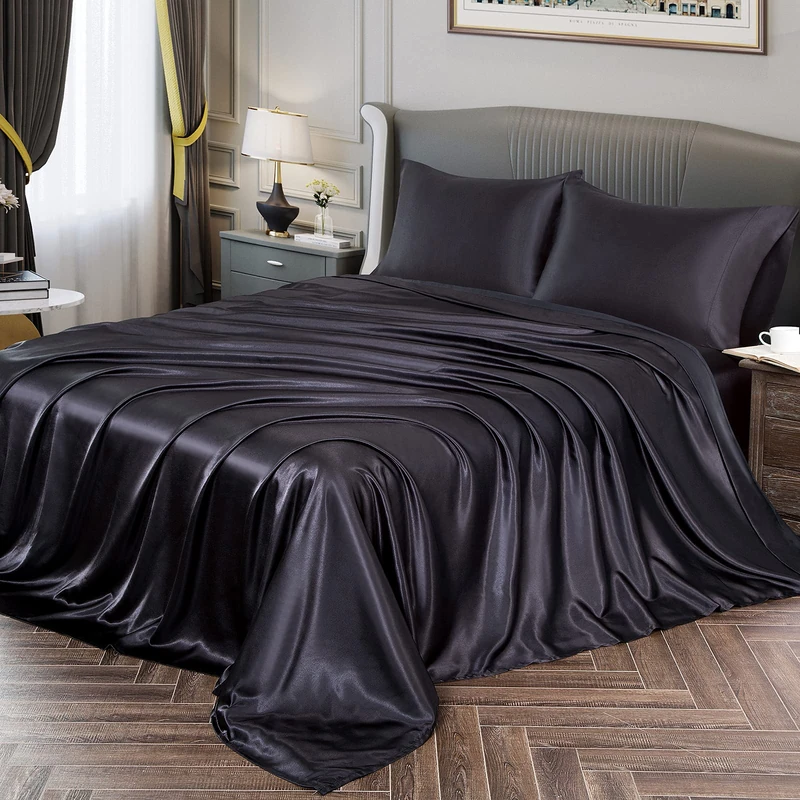 Vonty Satin Sheets King Size Silky Soft Bed Sheets Black Satin Sheet Set - 1 Deep Pocket Fitted Sheet + 2 Pillowcases