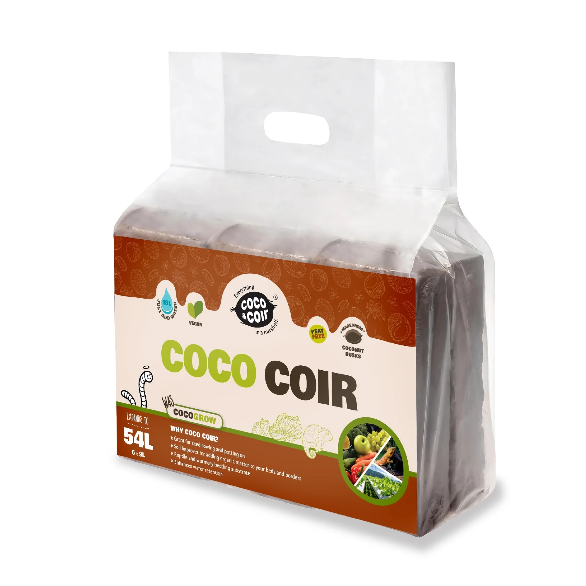 Coco & Coir 6 x 650g Organic Peat Free Compost Coco Soil. Reptile, Turtle Vivarium Substrate - Coco Grow (54L), Brown(Packaging may vary)