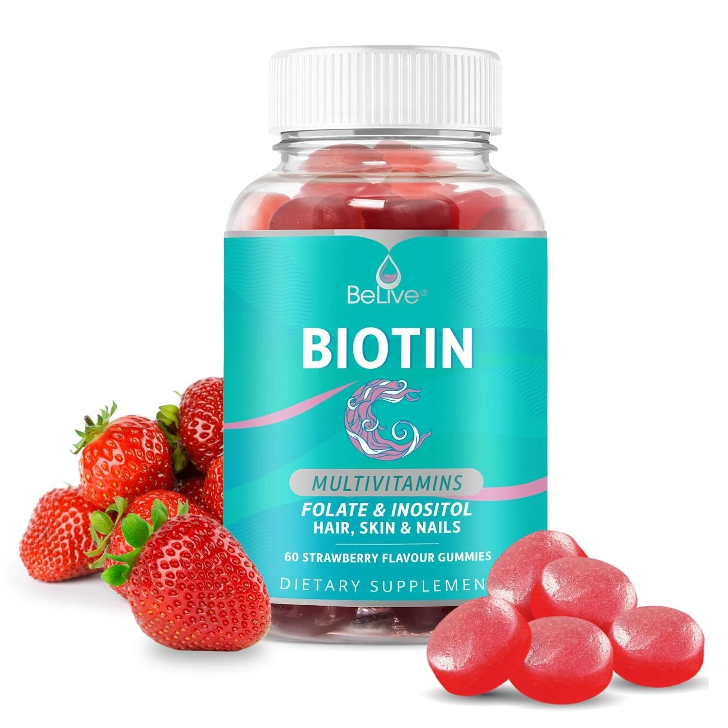 Biotin Hair Growth Vitamin Supplement Gummies with 5000mcg for Women or Men | Added Essential Multivitamins Support Skin Collagen & Nails | Vegan Friendly | Strawberry Flavour (60 Count)