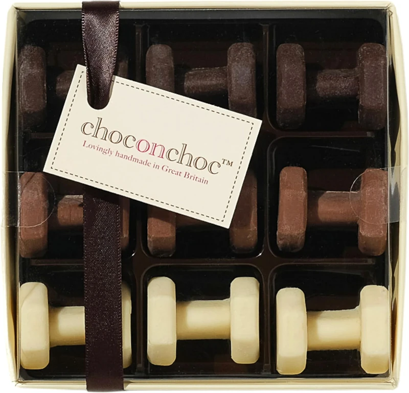 Choc on Choc - Chocolate Dumbbells - Handmade Belgian Chocolate Gym Weights - Novelty Gift for Fitness Lovers, Secret Santa, Stocking Fillers, Christmas Fun - 9 Pieces - 75g