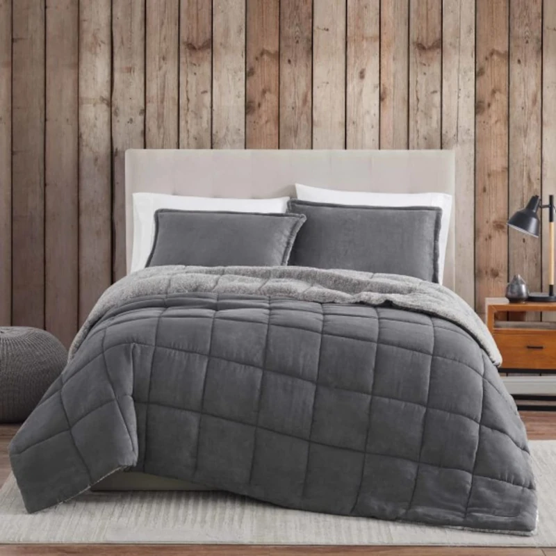 Eddie Bauer Reversible Sherpa Bedding with Matching Shams, Cozy & Warm Home Decor, Oeko-Tex Certified, Fleece, Grey, King