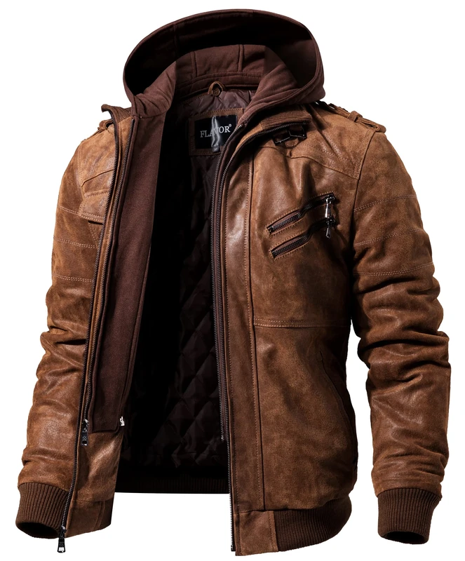 FLAVOR Men Brown Leather Motorcycle Jacket with Removable Hood, Brown, 3XL