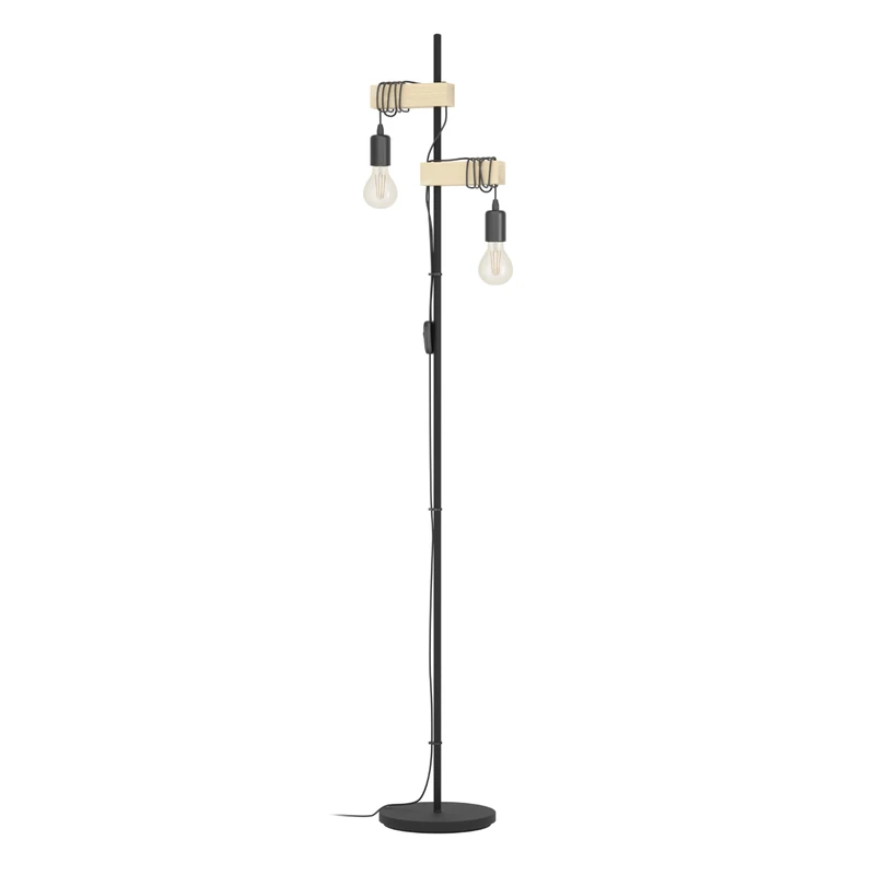 Eglo Townshend 2-Flame Vintage/Industrial Design Floor lamp, Retro Standing Light with Wood and Steel, Black and Brown Colour, E27 Socket, incl. Switch