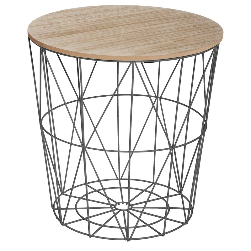 Atmosphera – Kumi Basket Side Table – Black and Wood Effect, Diameter 40 x H 41 cm, Built-in Storage – for Living Room, Bedroom, Sofa End