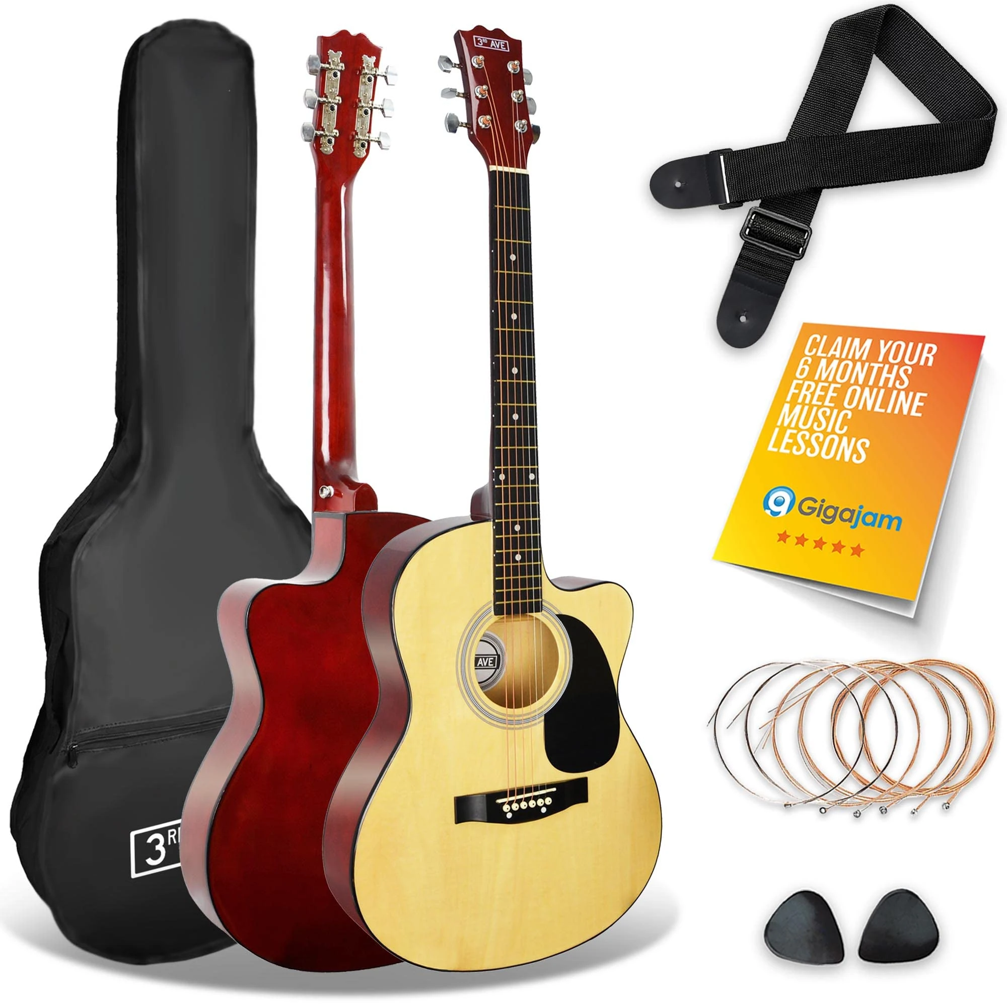 3rd Avenue Full Size 4/4 Cutaway Acoustic Guitar Pack Bundle for Beginners - 6 Months FREE Lessons, Bag, Strap, Picks and Spare Strings - Natural