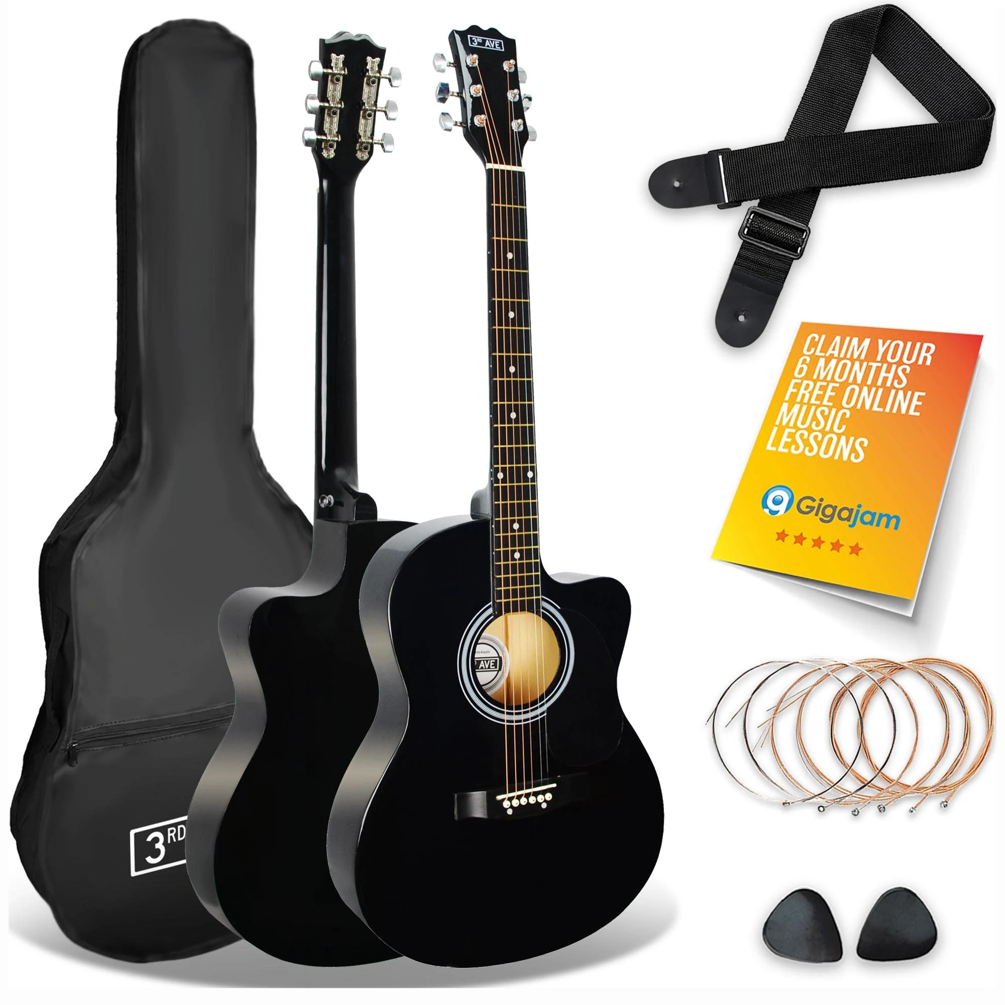 3rd Avenue Full Size 4/4 Cutaway Acoustic Guitar Pack Bundle for Beginners - 6 Months FREE Lessons, Bag, Strap, Picks and Spare Strings - Black