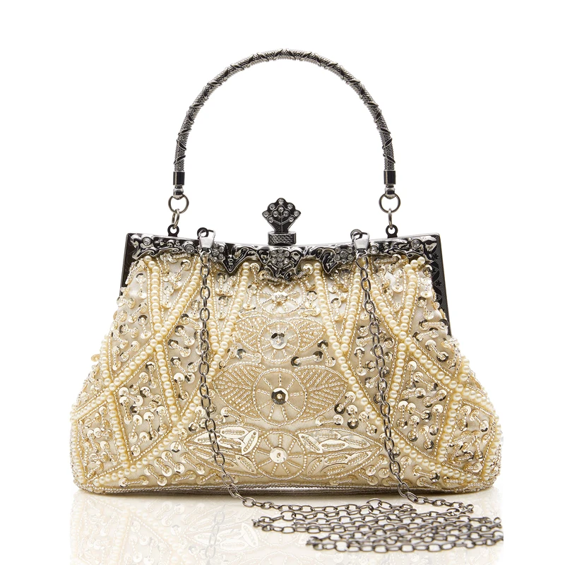 BABEYOND Evening Clutch Purses for Women - 1920s Accessories for Women Gatsby Evening Bag Vintage Beaded Sequin Pearl Clutch, Beige, One Size