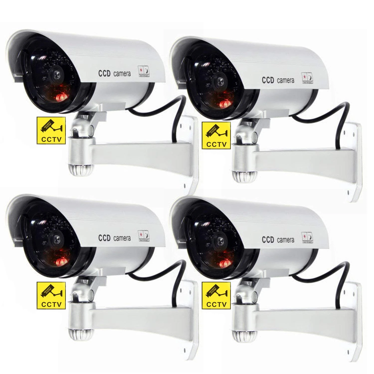 BW 4pcs Outdoor Indoor Fake Dummy Imitation CCTV Security Camera W/Blinking Flashing Light Bullet Shape Silver