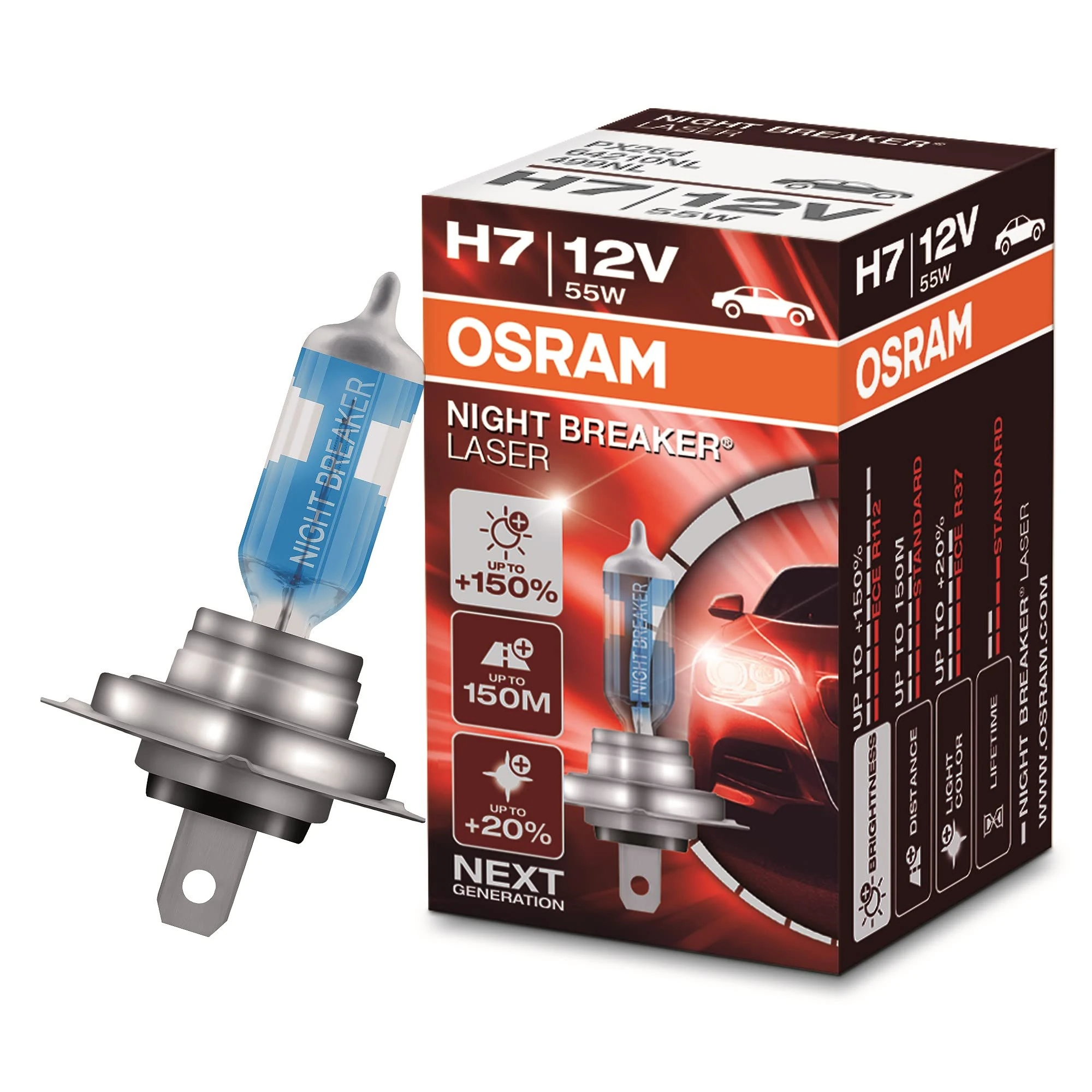 OSRAM NIGHT BREAKER LASER H7, +150% more brightness, halogen headlight lamp, 64210NL, 12V, folding box (1 lamp)