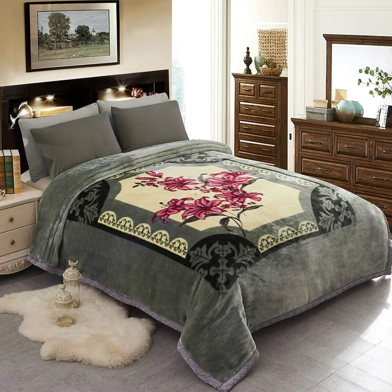 JML Fleece Blanket, Plush Blanket King Size 85" x 93", 10 Pounds Heavy Korean Style Mink Blanket - Silky Soft and Warm, 2 Ply A&B Printed Raschel Bed Blanket, Grey Green Rose