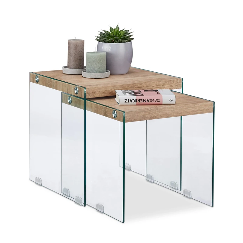 Relaxdays Nesting Tables Set of 2, Solid Wooden Tabletop, Chic Glass Side and Coffee Tables, 40-45cm Tall, Natural