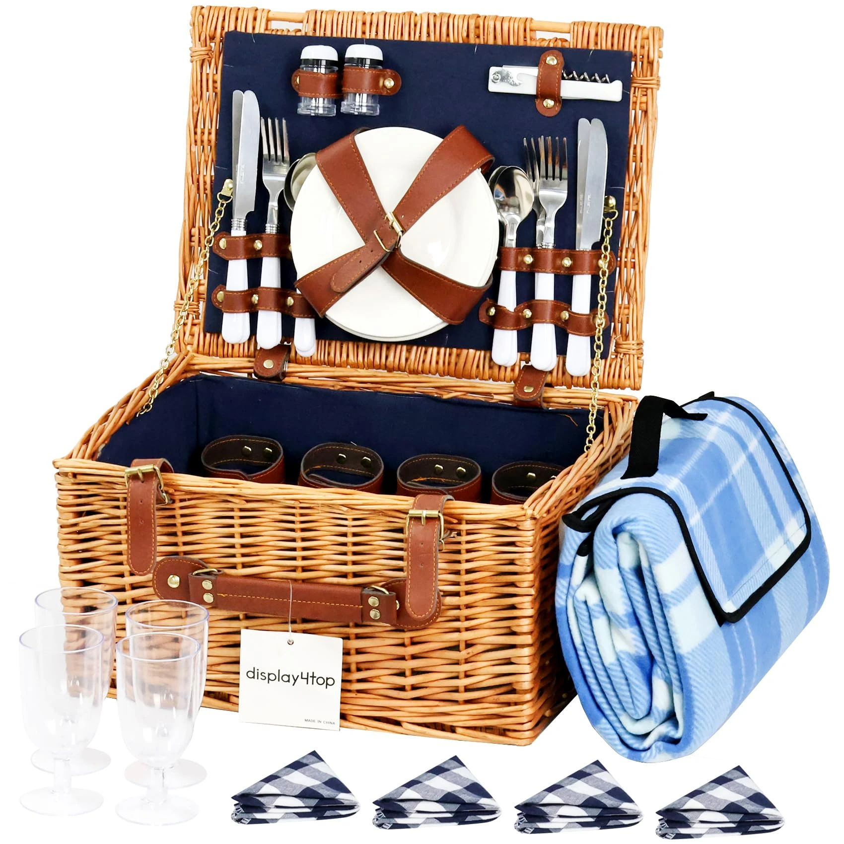 display4top Deluxe 4 Person Traditional Wicker picnic basket Wicker Hamper - Premium Set with Plates, Wine Glasses, Flatware and Napkins (Blue)