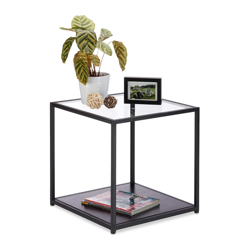 Relaxdays Glass Side Table + Wooden Tray, Metal Frame, Robust, Square, Flat Coffee Table HWD 50x50x50 cm, Black