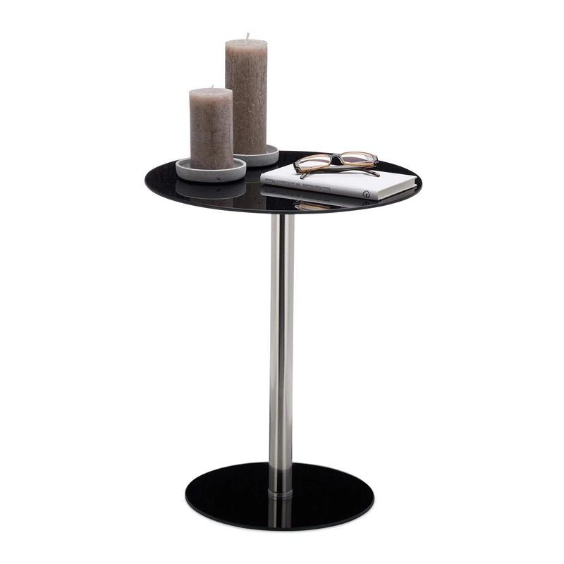 Relaxdays Round Glass and Stainless Steel Pedestal Table, Decorative Lounge Stand, H x W x D: 53 x 43 x 43 cm, Black