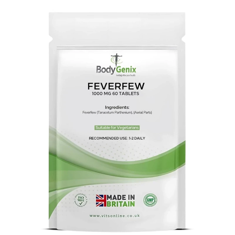 Bodygenix Feverfew 1000mg Tablets - Headaches Relief Joints Health Anti Inflammatory Natural Supplement - 60 Tablets 2 Month Supply