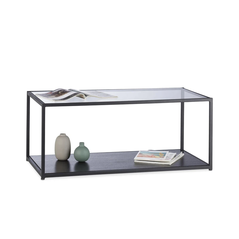 Relaxdays Glass Coffee Table, Rectangular, Metal Frame, Glass Tabletop, Tray, Living Room Side Table, HxWxD: 42 x 100 x 50 cm, Black