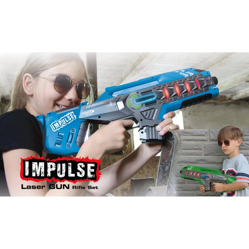 Jamara 410084 410084 Impulse Gun - Rifle Set Blue/Green Laser Tag with 3 Battle Modes Player Per Team, Last Man Standing, Duel, 4 Simulated Weapons with Sound Effects, Up to 40 m Range