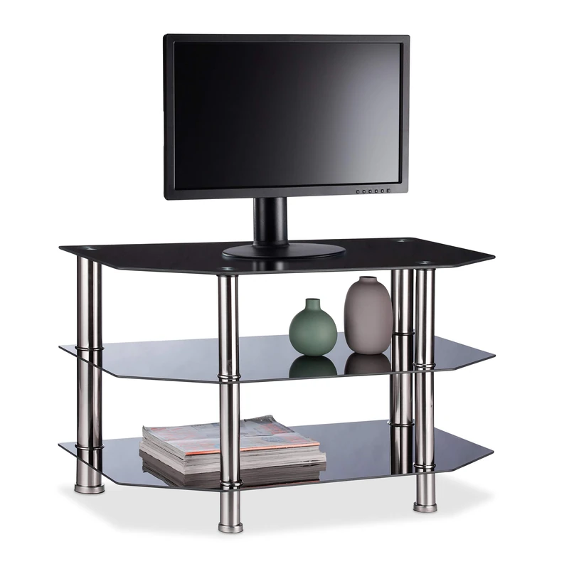 Relaxdays Black Glass TV Stand, 3 Tempered Glass Shelves, Rubber Feet, Stainless Steel, 49x80x45cm, Black/Silver