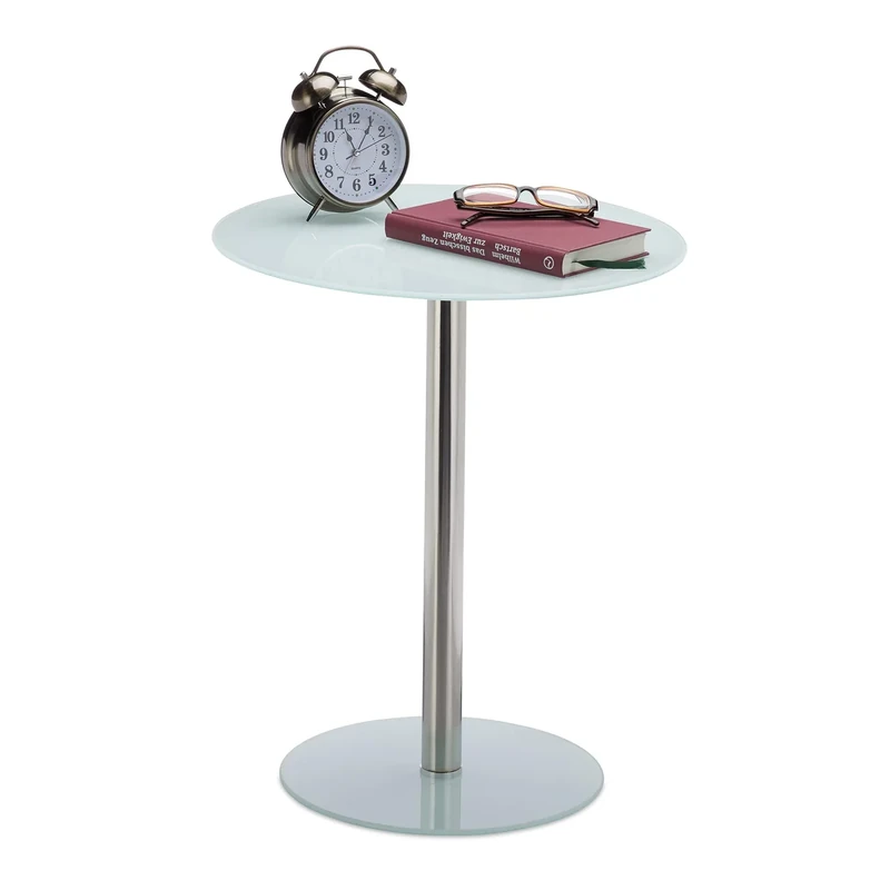 Relaxdays Round Glass and Stainless Steel Pedestal Table, Decorative Lounge Stand, H x W x D: 53 x 43 x 43 cm, White